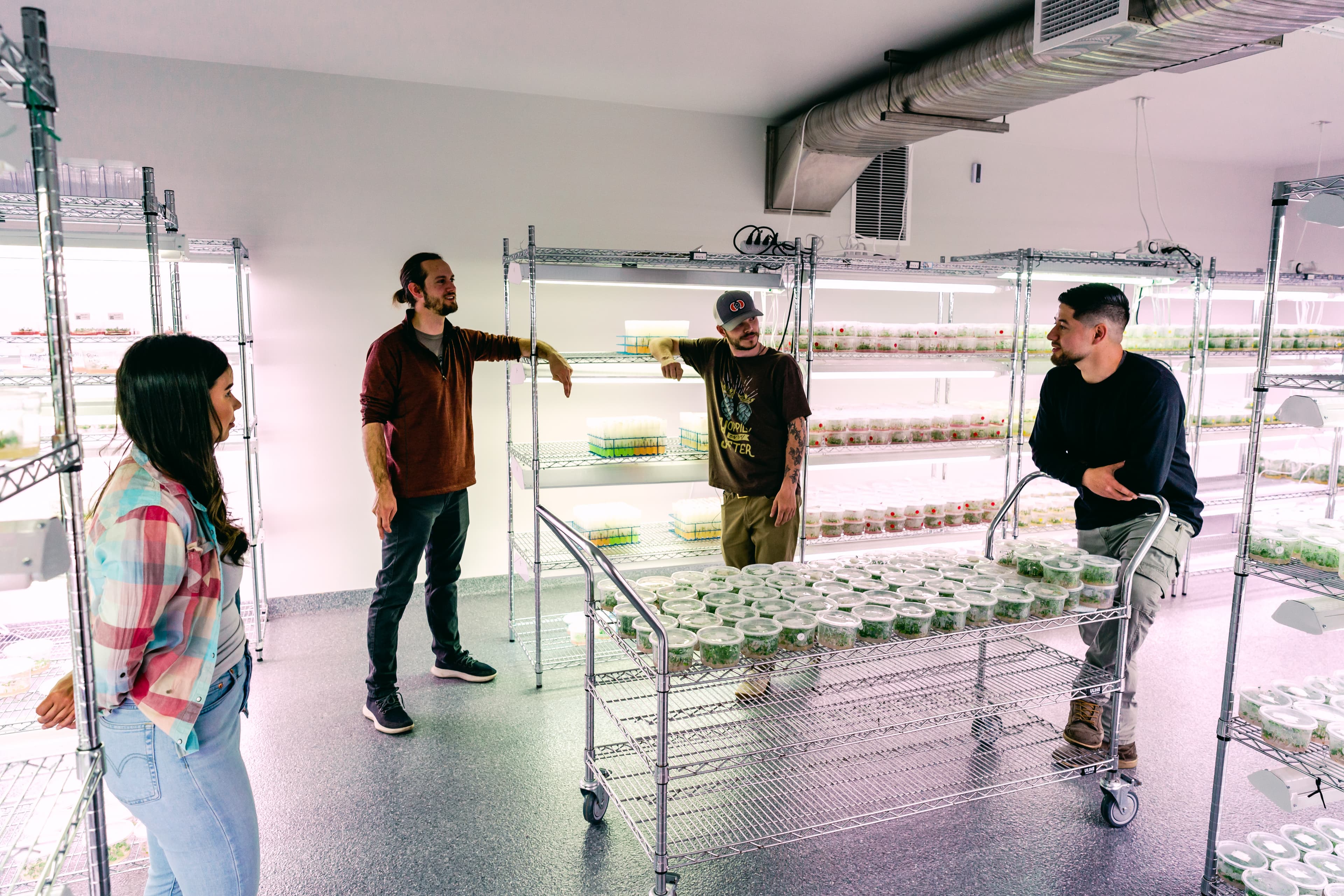Group of people hang out in hop lab casually talking