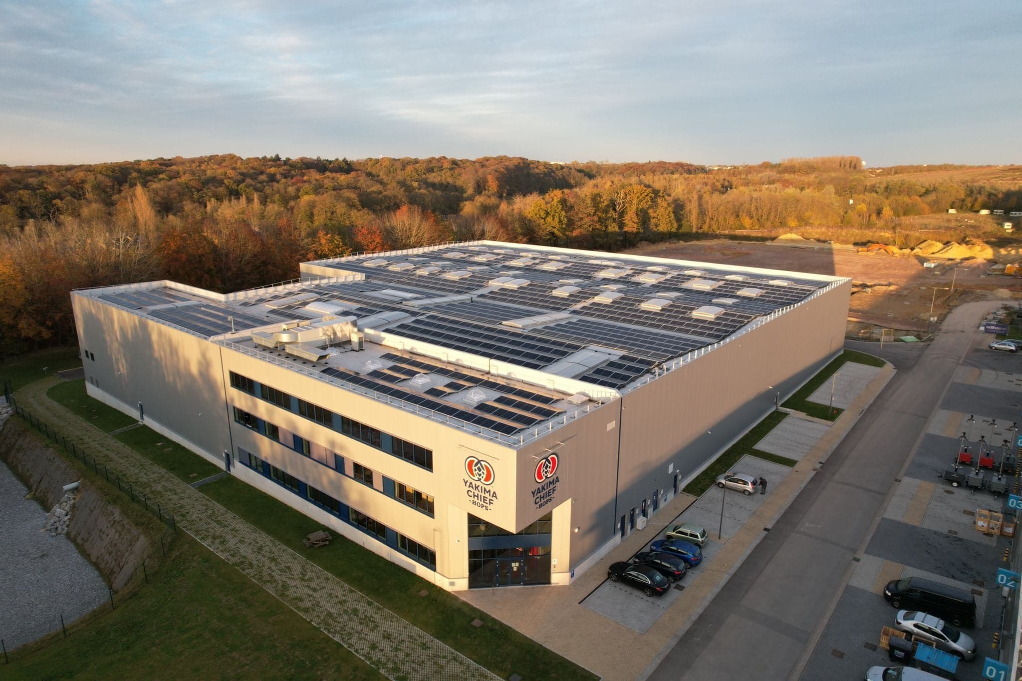 Aerial view of Yakima Chief Hops Belgium facility with solar panels