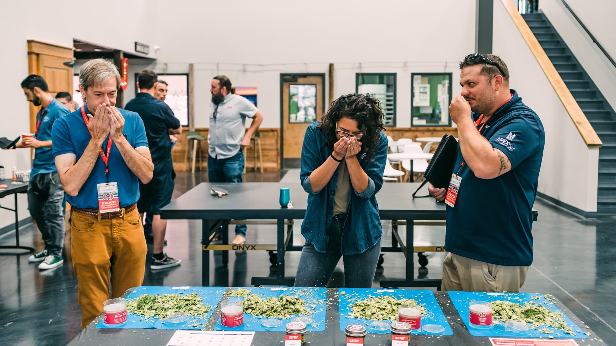 Three people smell hops with their hands cupped near the noses