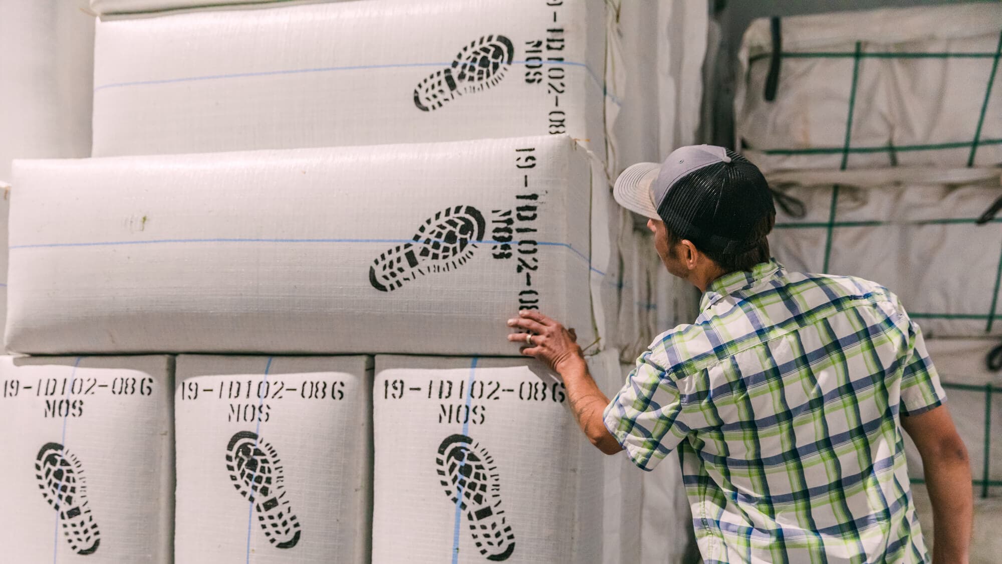 Grower looking at stacked bales of hops with the Footprints logo stamped on the sides